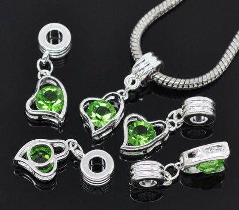 August Birthstone Heart with Light Green rhinestone charm for European Snake chain charm bracelet - Sexy Sparkles Fashion Jewelry - 3