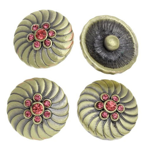 Chunk Snap Buttons Fit Chunk Bracelet Round Antique Bronze Flower Pattern Carved Pink Rhinestone 20mm - Sexy Sparkles Fashion Jewelry - 4