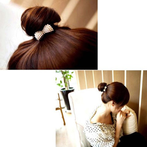 Nylon Cirlce Ring Hair Band Ponytail Holder Black Acrylic Imitation Pearl Choose Your Style From Menu (Bowknot C) - Sexy Sparkles Fashion Jewelry - 3