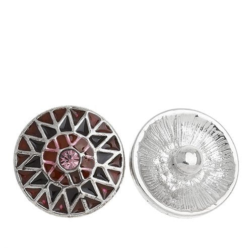 Chunk Snap Buttons Fit Chunk Bracelet Round Silver Tone Pink Rhinestone Enamel Red & Purple Flower Pattern Carved 20mm - Sexy Sparkles Fashion Jewelry - 1