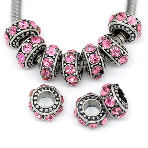 Five (5)October Birthstone  Rose Pink Rhinestone Spacer Beads For Snake Chain Charm Bracelet - Sexy Sparkles Fashion Jewelry - 1