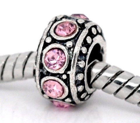Five (5) June Birthstone Light Pink  Rhinestone Charms Spacer Beads For Snake Chain Charm Bracelet - Sexy Sparkles Fashion Jewelry - 2