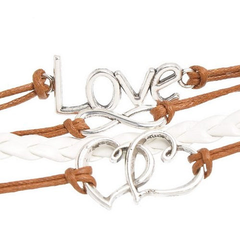 Braiding Leatheroid Wax Rope Bracelets Coffee Antique Silver Double Hearts Infinity Symbol Love W/Lobster Clasp - Sexy Sparkles Fashion Jewelry - 2