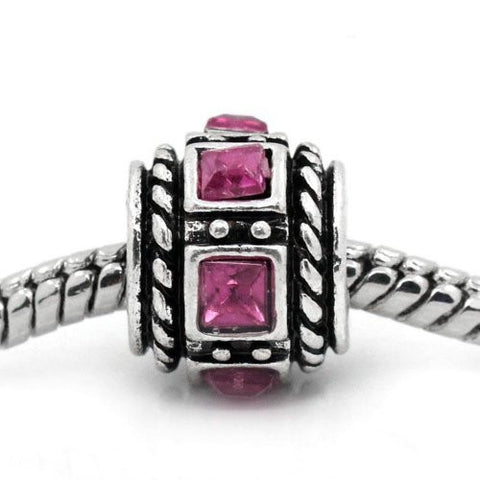 Hot Pink Square Design Created Birthstone Charm Beads for Snake Chain Bracelets - Sexy Sparkles Fashion Jewelry - 4