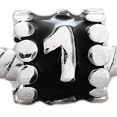 Black Enamel Number Charm Bead  "1" European Bead Compatible for Most European Snake Chain Charm Bracelets - Sexy Sparkles Fashion Jewelry - 1
