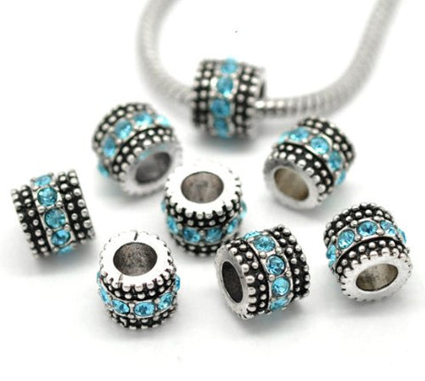 Silver Tone Blue Rhinestone Spacer Charm Compatible with European Snake Chain Charm Bracelet - Sexy Sparkles Fashion Jewelry - 2