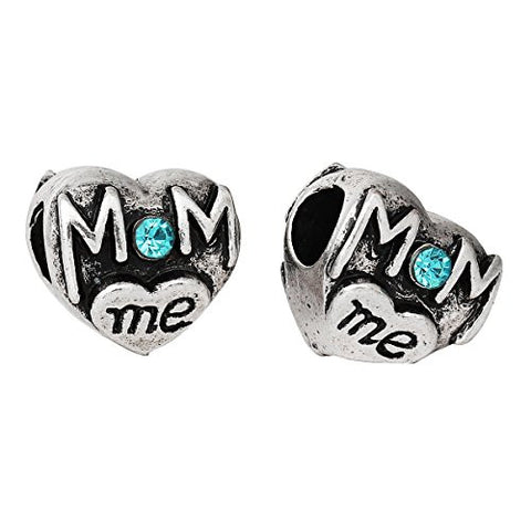 Mom and Me Heart W/Blue Rhinestones Charm Spacer European Bead Compatible for Most European Snake Chain Bracelet - Sexy Sparkles Fashion Jewelry - 2