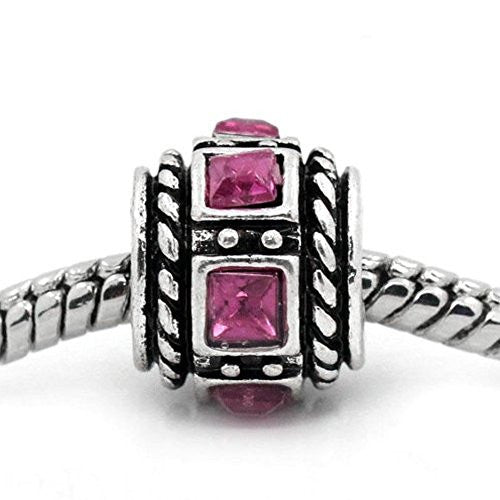 Hot Pink Square Design Created Birthstone Charm Beads for Snake Chain Bracelets