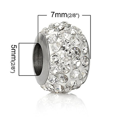 Stainless Steel European Style Charm Beads Round Silver Tone Clear Rhinestone - Sexy Sparkles Fashion Jewelry - 2