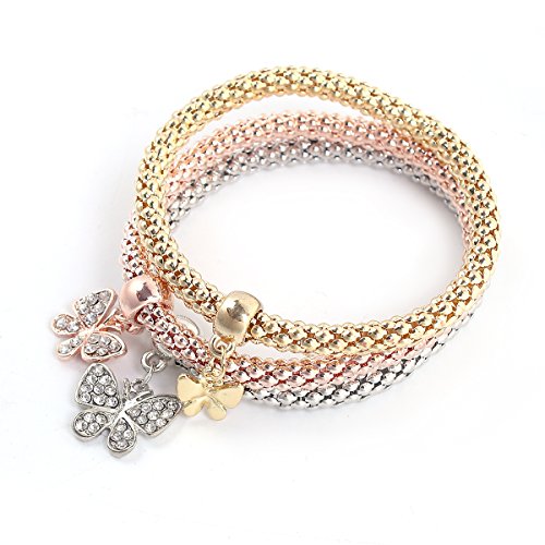 Sexy Sparkles Stretch butterfly Bracelets 3PCS Gold/Silver/Rose Gold Plated Popcorn Chain with Crystal Charms Multilayer Bracelets for Women