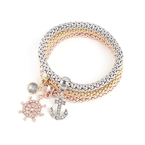Sexy Sparkles Stretch Bracelets Ship Anchor 3PCS Gold/Silver/Rose Gold Plated Popcorn Chain with Crystal Charms Multilayer Bracelets for Women