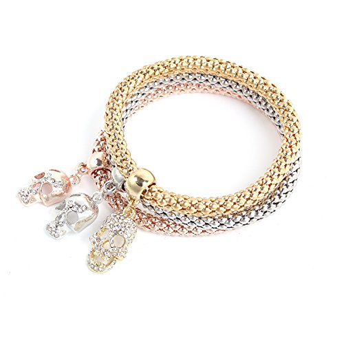 Sexy Sparkles Stretch Skull Bracelets  3PCS Gold/Silver/Rose Gold Plated Popcorn Chain with Crystal Charms Multilayer Bracelets for Women