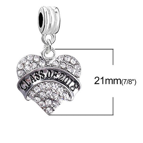 SEXY SPARKLES inch  Class Of 2018inch  Heart Charm W/Clear Rhinestones Graduation Spacer European Charm Bracelet and Necklace Compatible
