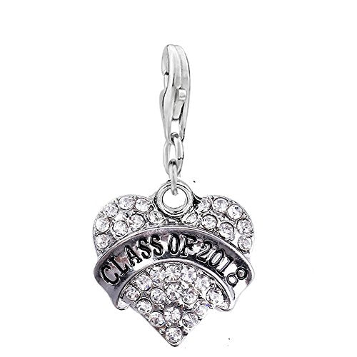 SEXY SPARKLES inch  Class Of 2018inch  Heart Charm W/Clear Rhinestones Graduation Clip on Lobster Claw Clasp Charm for Bracelet and Necklace
