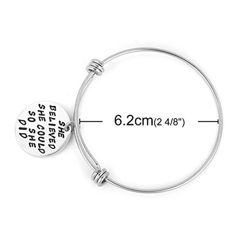SEXY SPARKLES Stainless-Steel Inspirational Bracelet Engraved “believed she could she did” Motivational Round Charm Pendant Expandable Adjustable