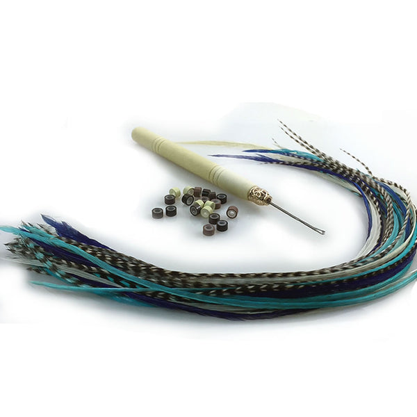 Feather Hair Extensions, 100% Real Rooster Feathers, Long Blue mix Colors, 20 Feathers with Beads and Loop Tool Kit