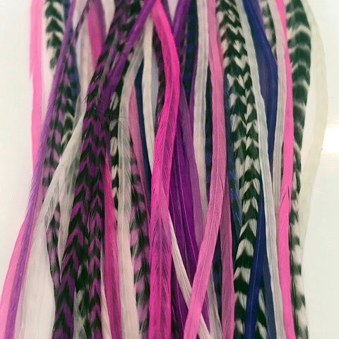 Feather Hair Extensions, 100% Real Rooster Feathers, Long Pink, Purple, Grizzly Colors, 20 Feathers with 20 Silicone Microlinks and loop tool