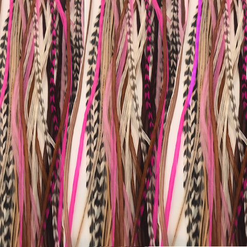 Feather Hair Extensions, 100% Real Rooster Feathers, Long Pink, Purple, Grizzly Colors, 20 Feathers with 20 Silicone Microlinks and loop tool