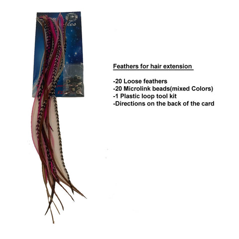 Feather Hair Extensions, 100% Real Rooster Feathers, Long Pink, Purple, Grizzly Colors, 20 Feathers with 20 Silicone Microlinks and loop tool