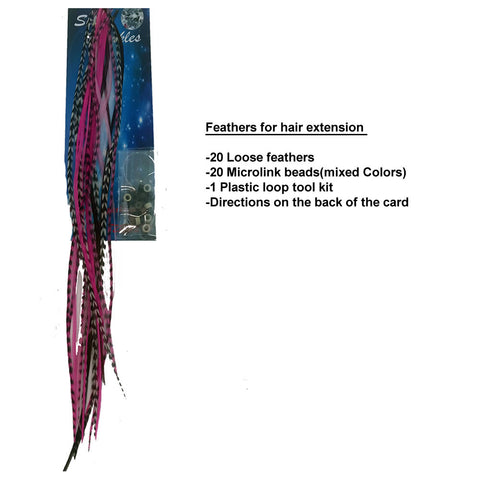 Feather Hair Extensions, 100% Real Rooster Feathers, Long light Pink, Hot Pink Brown, Grizzly Colors, 20 Feathers with 20 Silicone Microlinks and loop tool