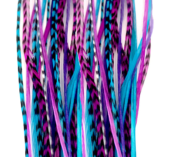 Feather Hair Extensions, Feather Hair Extensions, 100% Real Rooster Feathers, Long Pink, Purple, Blue Colors, 20 Feathers with 20 Silicone Microlinks and loop tool