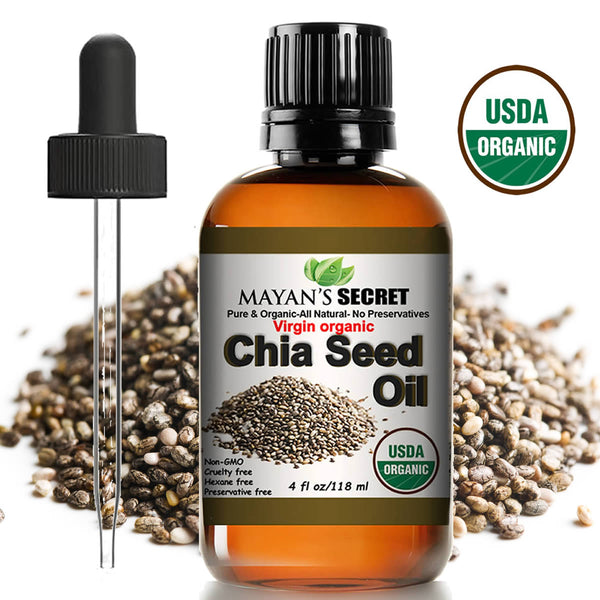 Mayan's Secret Chia Seed Oil, USDA Certified Virgin Organic,100% Pure & Natural, Cold Pressed Virgin, Unrefined in Amber Glass Bottle w/Glass Eyedropper for Easy Application (4 oz /118 ml)