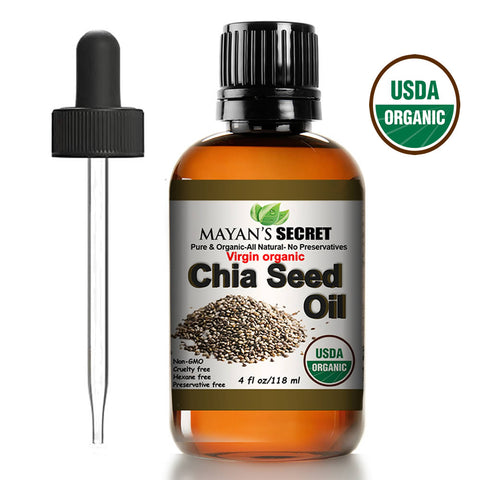 Mayan's Secret Chia Seed Oil, USDA Certified Virgin Organic,100% Pure & Natural, Cold Pressed Virgin, Unrefined in Amber Glass Bottle w/Glass Eyedropper for Easy Application (4 oz /118 ml)