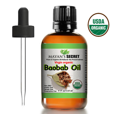 USDA Certified Virgin Organic Baobab Oil - 4 oz Dark Glass Bottle | Best Quality 100 Pure Cold Pressed and Unrefined | Essential All Natural Skin Nails and Hot Oil Treatment Hair Moisturizer