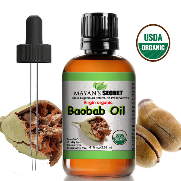 USDA Certified Virgin Organic Baobab Oil - 4 oz Dark Glass Bottle | Best Quality 100 Pure Cold Pressed and Unrefined | Essential All Natural Skin Nails and Hot Oil Treatment Hair Moisturizer