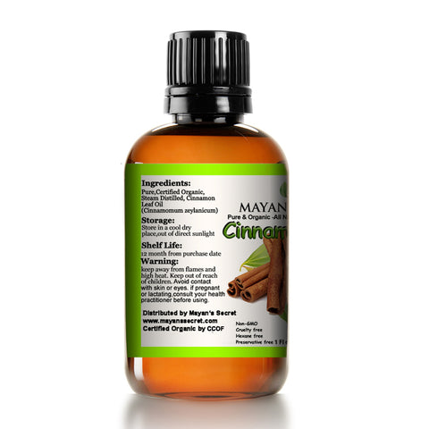 Mayan's Secret Certified Organic Pure Cinnamon Essential Oil - Pure and Natural, Therapeutic Grade Large 1oz Bottle - Perfect for Aromatherapy, Relaxation, Skin Therapy & More