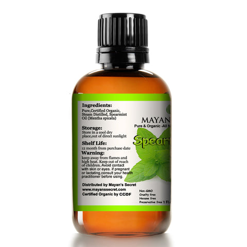 Mayan's Secret USDA Certified Organic Spearmint Essential Oil for Diffuser, Acne and Aromatherapy (30ml) - 100% Pure Therapeutic Grade