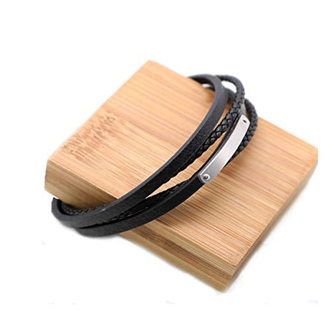 Genuine Leather Bracelet with Blank Stamping Tag 304 Stainless Steel Bangle Wrap Multilayer Rope Wristband
