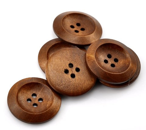 Sexy Sparkles 50 PCs Brown Wood Sewing Buttons Scrapbooking 4 Holes Round 3cm(1 1/8inch ) Dia.