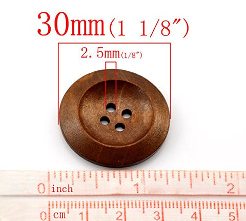 Sexy Sparkles 50 PCs Brown Wood Sewing Buttons Scrapbooking 4 Holes Round 3cm(1 1/8inch ) Dia.