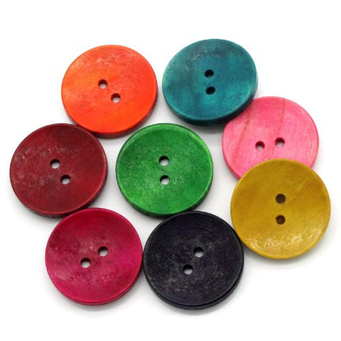 Sexy Sparkles 50PCs Wood Sewing Buttons Scrapbooking 2 Holes Round Mixed 3cm(1 1/8inch ) Dia.