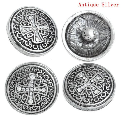 Chunk Snap Buttons Fit Chunk Bracelet Round Antique Silver Cross Pattern Carved Clear Rhinestone 20mm - Sexy Sparkles Fashion Jewelry - 4