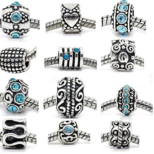 Ten (10) Aqua Rhinestone and Metal Charm Beads in Assorted s for Snake Chain Charm Bracelet