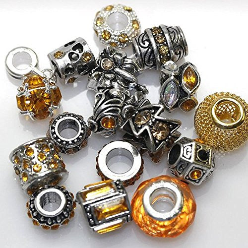 Ten (10) of Assorted Shades of Gold Yellow Crystal Rhinestones Beads for Snake Chain Charm Bracelet