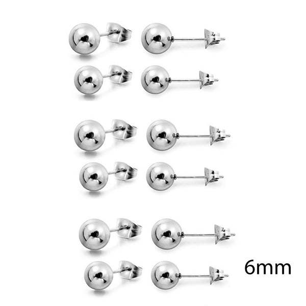 SEXY SPARKLES Jewelry Stainless Steel Mens Womens Ball Stud Earrings 6 Pairs 6MM