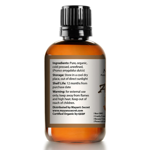 Unrefined Sweet Almond Oil |USDA Certified Organic | Cold Pressed | Hexane Free | Natural Moisturizer |Great For Hair, Skin & Nails | Carrier Oil | Great To Dilute Essential Oils Mayan's Secret