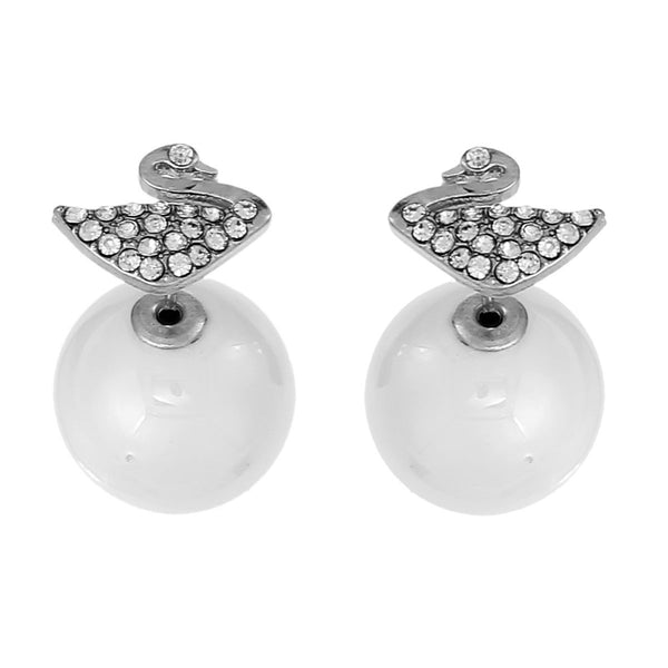 SEXY SPARKLES White Acrylic Double Sided Ear Stud Earrings Swan With Clear Rhinestone - Sexy Sparkles Fashion Jewelry - 1