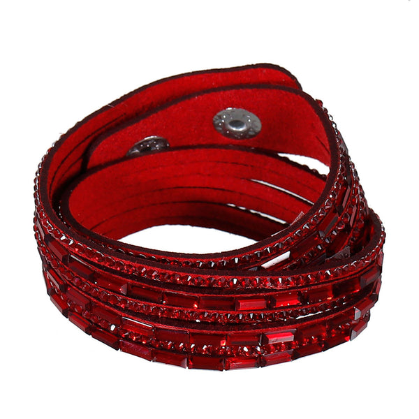 Sexy Sparkles Suede Velvet Multi Layer Wrap Women Teen Girls Bracelet with Rhinestones Red Slake Button Clamp Adjustable