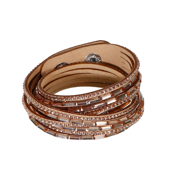 Sexy Sparkles Suede Velvet Multi Layer Wrap Women Teen Girls Bracelet with Rhinestones Brown Slake Button Clamp Adjustable