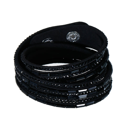 Sexy Sparkles Suede Velvet Multi Layer Wrap Women Teen Girls Bracelet with Rhinestones Black Slake Button Clamp Adjustable