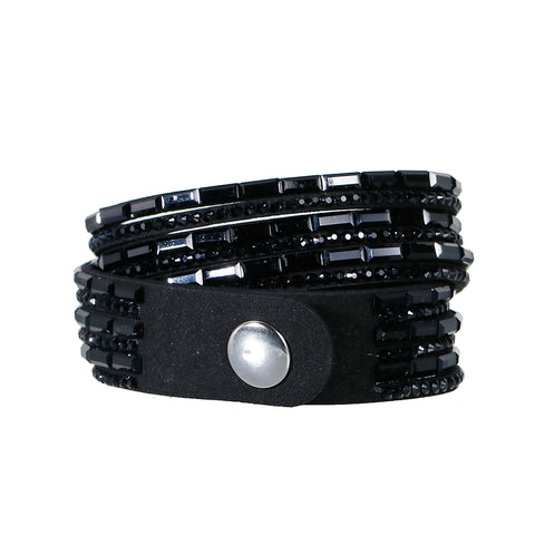 Sexy Sparkles Suede Velvet Multi Layer Wrap Women Teen Girls Bracelet with Rhinestones Black Slake Button Clamp Adjustable