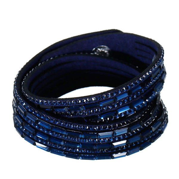 Sexy Sparkles Suede Velvet Multi Layer Wrap Women Teen Girls Bracelet with Rhinestones Dark Blue Slake Button Clamp Adjustable