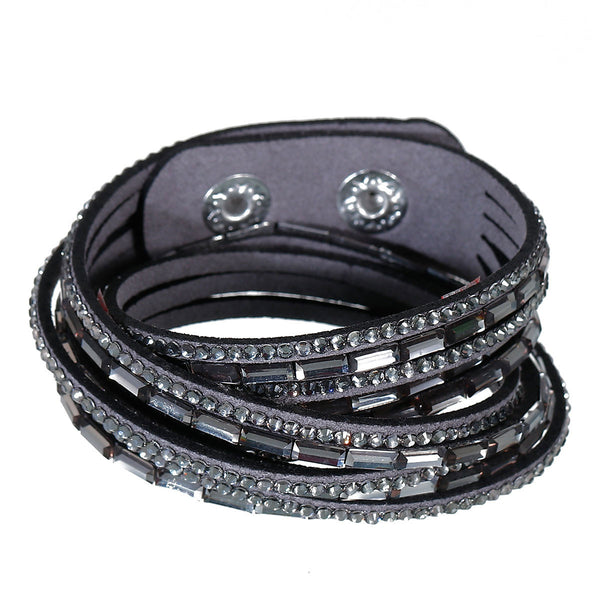 Sexy Sparkles Suede Velvet Multi Layer Wrap Women Teen Girls Bracelet with Rhinestones Gray Slake Button Clamp Adjustable