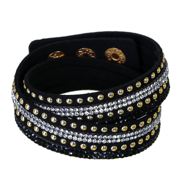 Sexy Sparkles Suede Velvet Multi Layer Wrap Women Teen Girls Bracelet with Rhinestones Golden Black Slake Button Clamp Adjustable