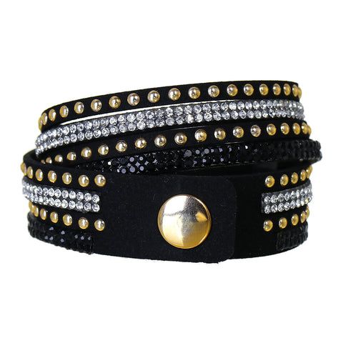 Sexy Sparkles Suede Velvet Multi Layer Wrap Women Teen Girls Bracelet with Rhinestones Golden Black Slake Button Clamp Adjustable - Sexy Sparkles Fashion Jewelry - 2