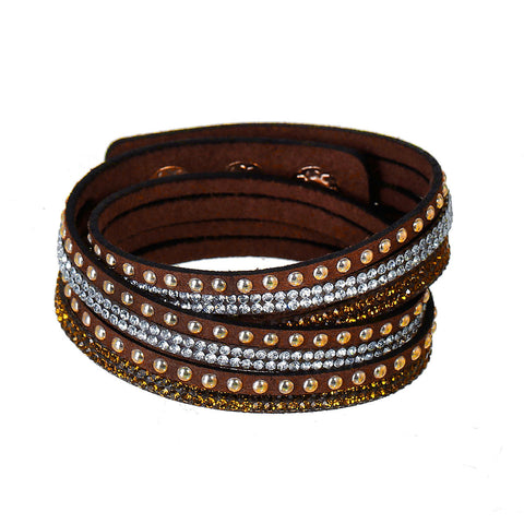 Sexy Sparkles Suede Velvet Multi Layer Wrap Women Teen Girls Bracelet with Rhinestones Light Golden Brown Slake Button Clamp Adjustable - Sexy Sparkles Fashion Jewelry - 1